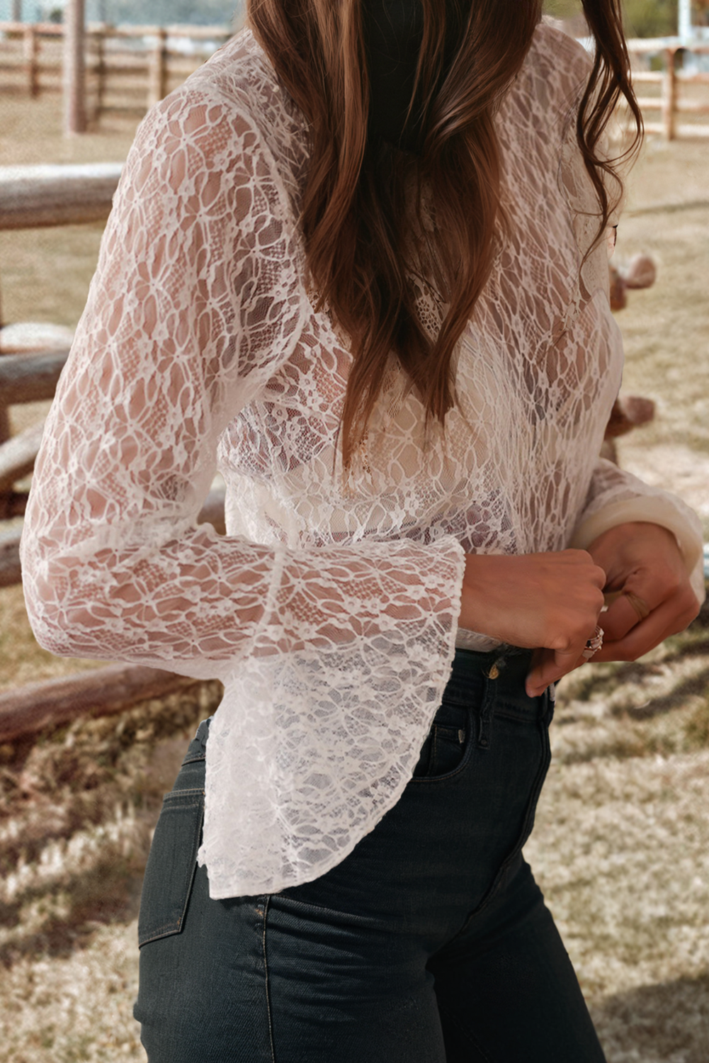 Fashion-W Sheer Lace Bell Sleeve Mock Neck Blouse: As shown / Missy / XL