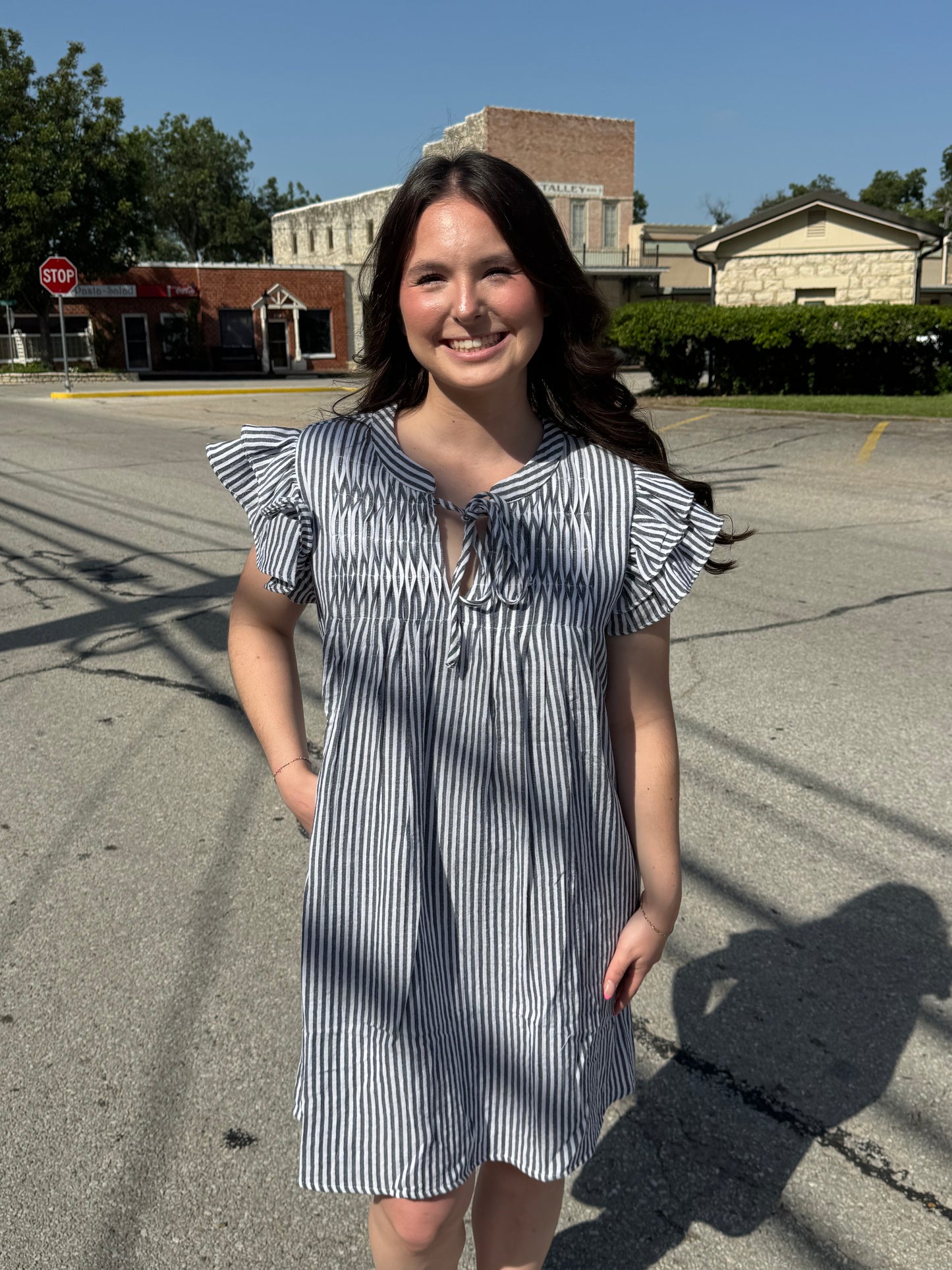 Midnight Striped Drawstring Mini Dress