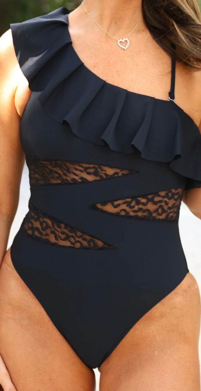 Black Leopard Ruffle Swimsuit
