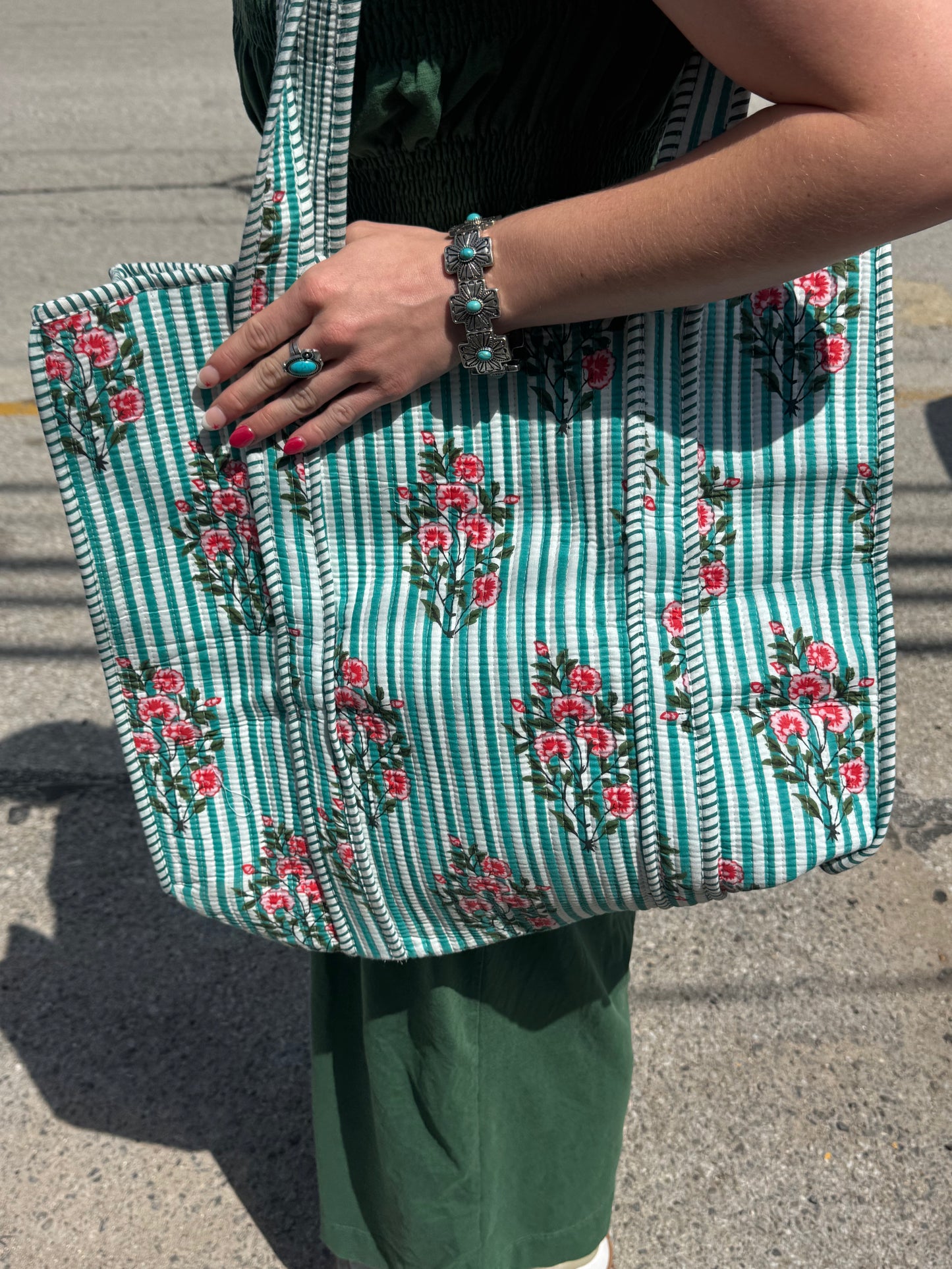 Floral Green Stripe Tote Bag