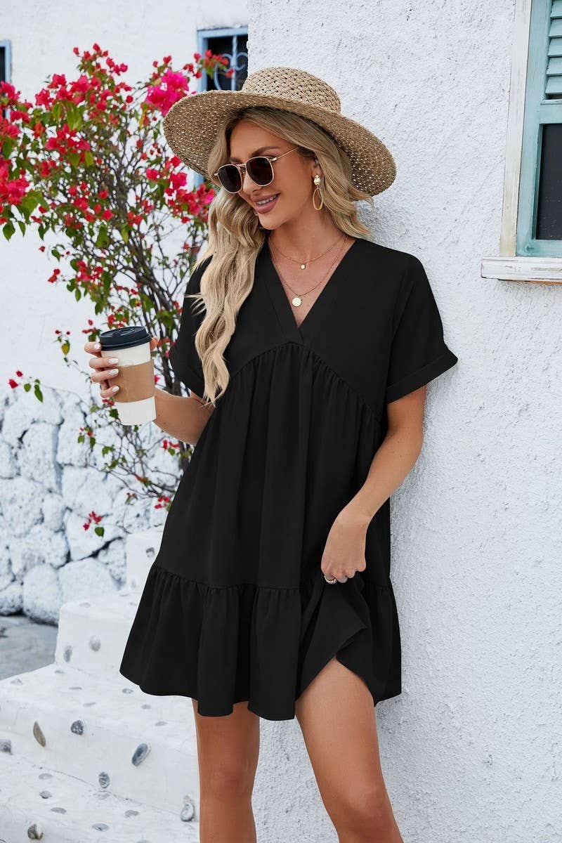 V Neck Tiered Short Sleeve Dress: (L)