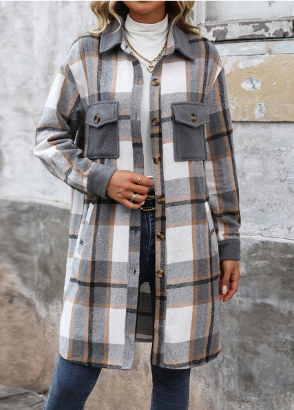 Plaid Long Coat: Coffee color / M