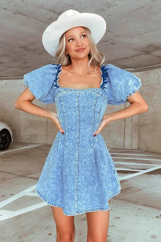 Slim Fit Denim Short Sleeve Dress: L