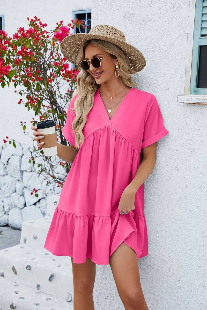 V Neck Tiered Short Sleeve Dress: (L)