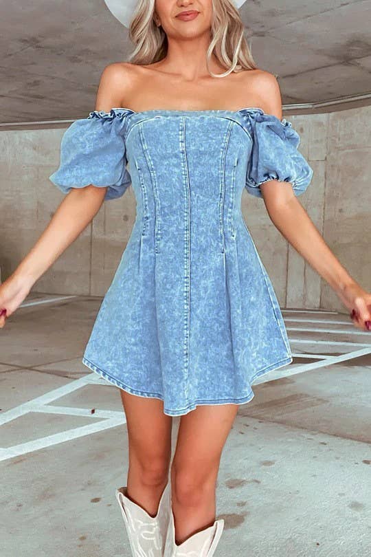 Slim Fit Denim Short Sleeve Dress: L