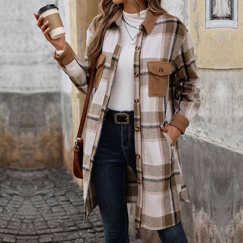 Plaid Long Coat: Coffee color / M