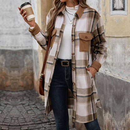Plaid Long Coat: Coffee color / M