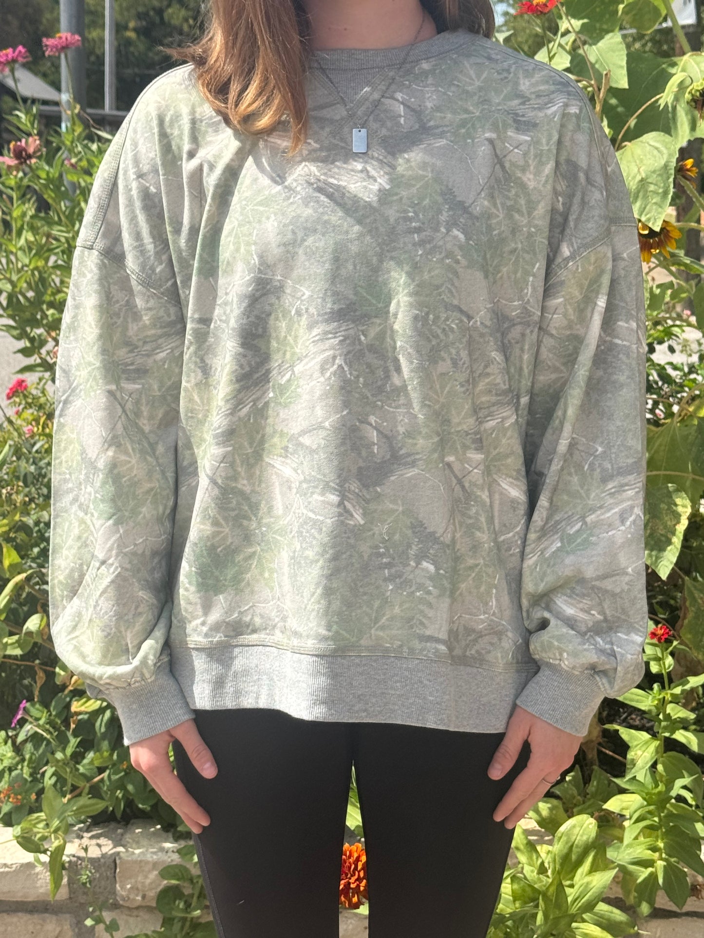 Oversized Round Neck Long Camo Knit Top