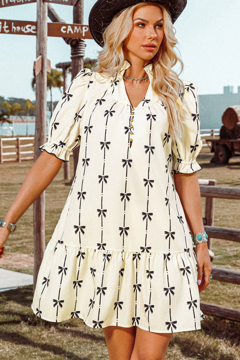 Fashion-W Cute Bowknot Bubble Sleeve V Neck Mini Dress: As shown / Missy / S