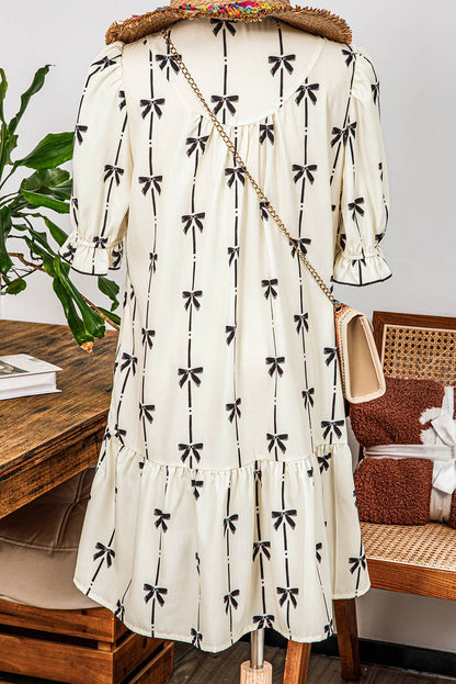 Fashion-W Cute Bowknot Bubble Sleeve V Neck Mini Dress: As shown / Missy / S
