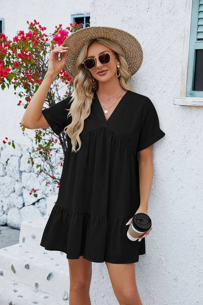 V Neck Tiered Short Sleeve Dress: (M)
