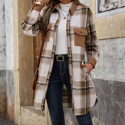 Plaid Long Coat: Coffee color / M