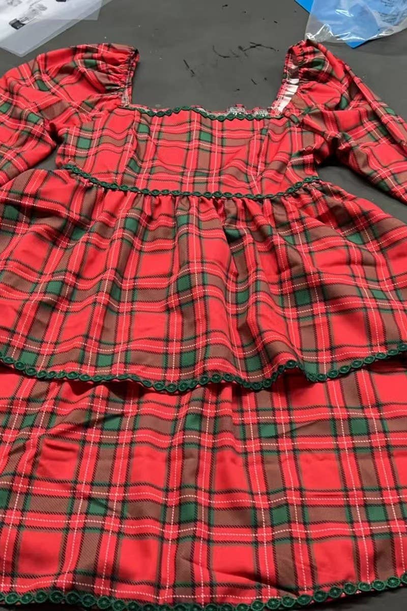 SQUARE NECK PLAID CHRISTMAS DRESS:  (XL)