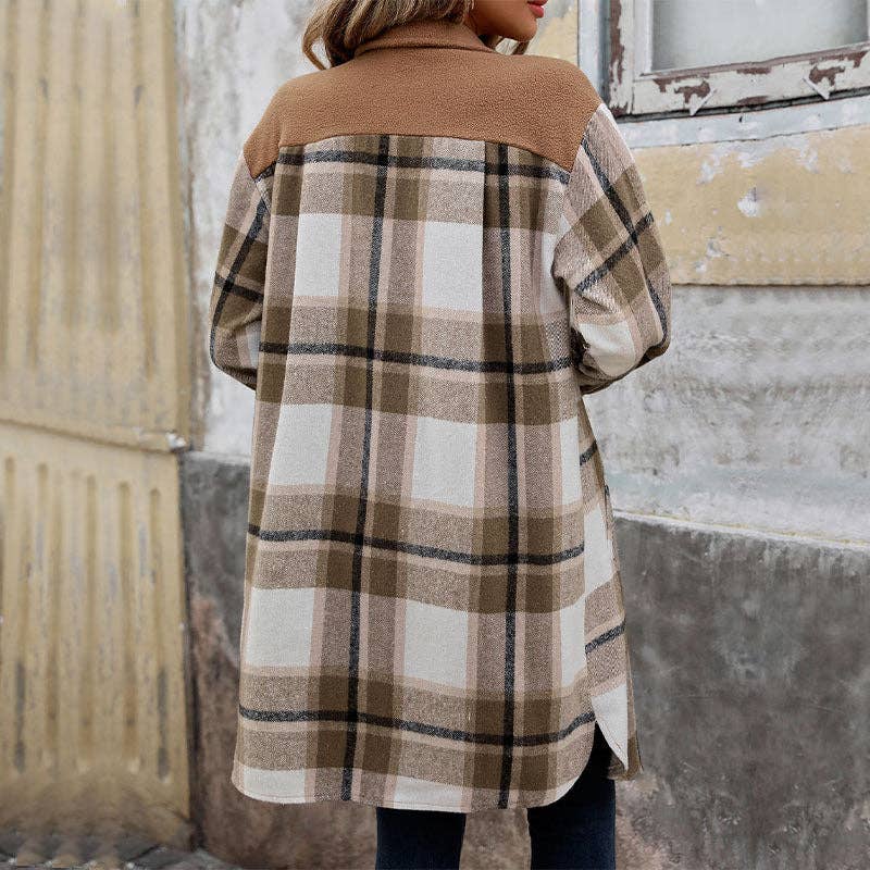 Plaid Long Coat: Coffee color / M