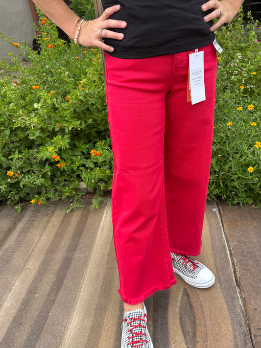 Scarlet Red High Rise-Crop Wide Pants