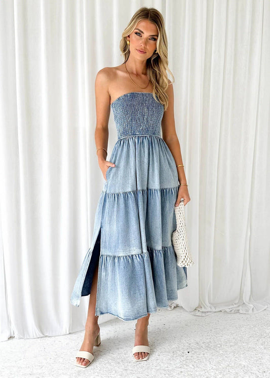 Off-Shoulder Jean Dress: M