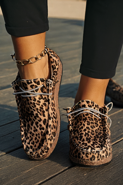 Western Leopard Faux Suede Lace-up Decor Slip On Shoes: Chestnut / 9.5(41)