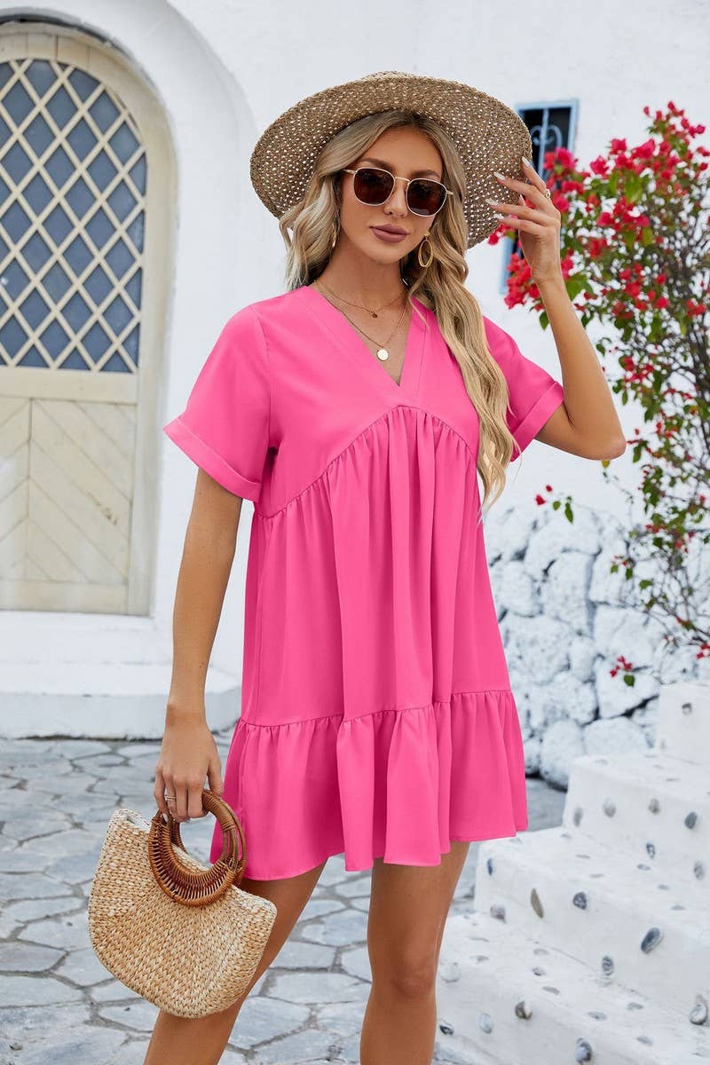 V Neck Tiered Short Sleeve Dress: (M)