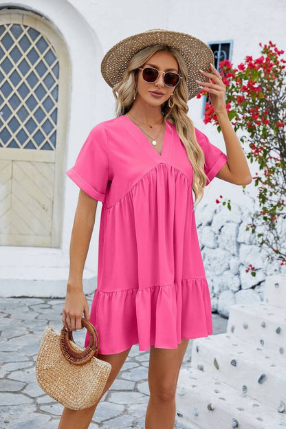 V Neck Tiered Short Sleeve Dress: (M)