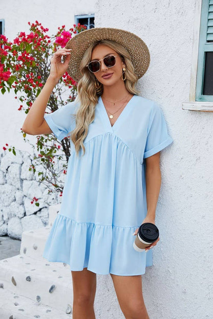 V Neck Tiered Short Sleeve Dress: (L)