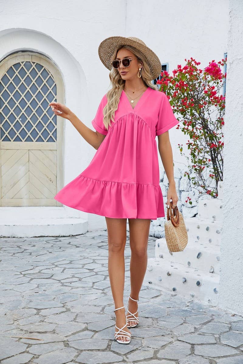 V Neck Tiered Short Sleeve Dress: (M)