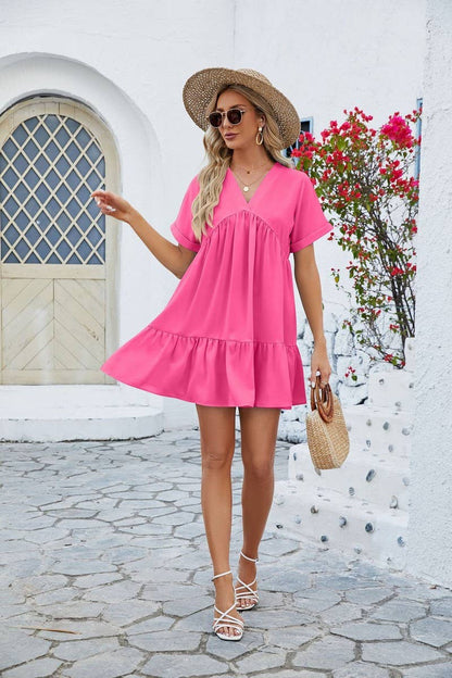 V Neck Tiered Short Sleeve Dress: (M)