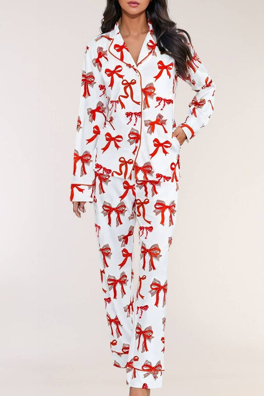 Christmas Bow Pajama Set: Red / L