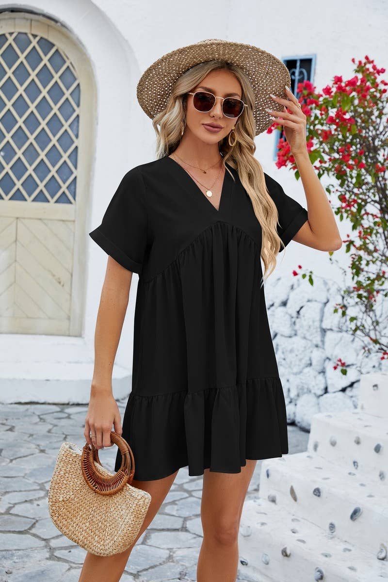 V Neck Tiered Short Sleeve Dress: (M)