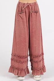 Burgundy Ruffle Denim Pants