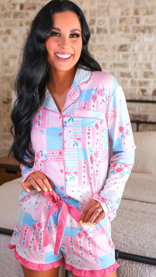 Pink Heirloom Patchwork Ruffle Pajama Set