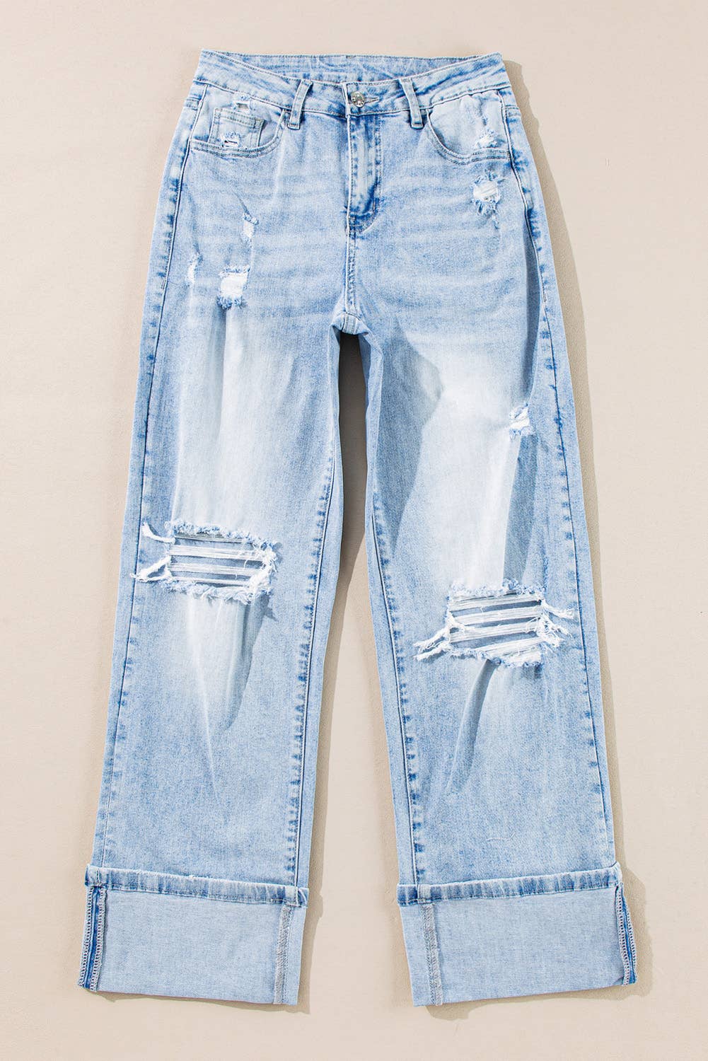 Light Wash Distressed Flare Jeans: 12