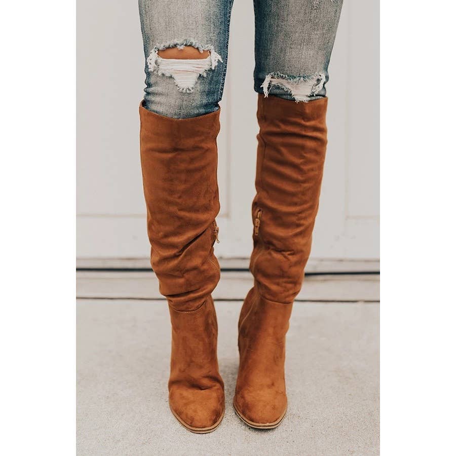 Suede Chunky Heel Knight Boots: 43