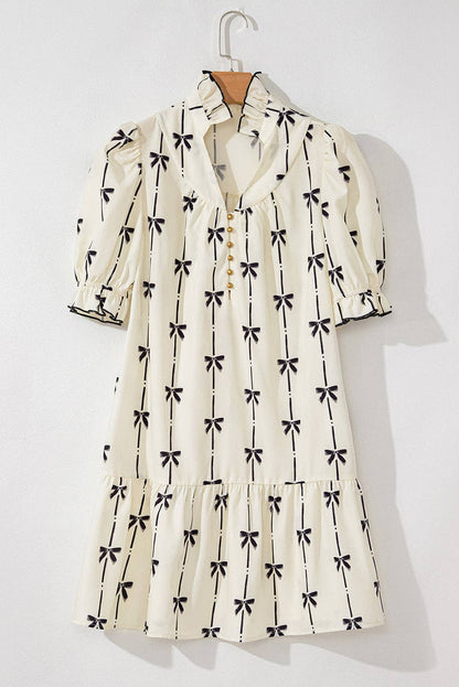 Beige Bowknot Bubble Sleeve Mini Dress: L