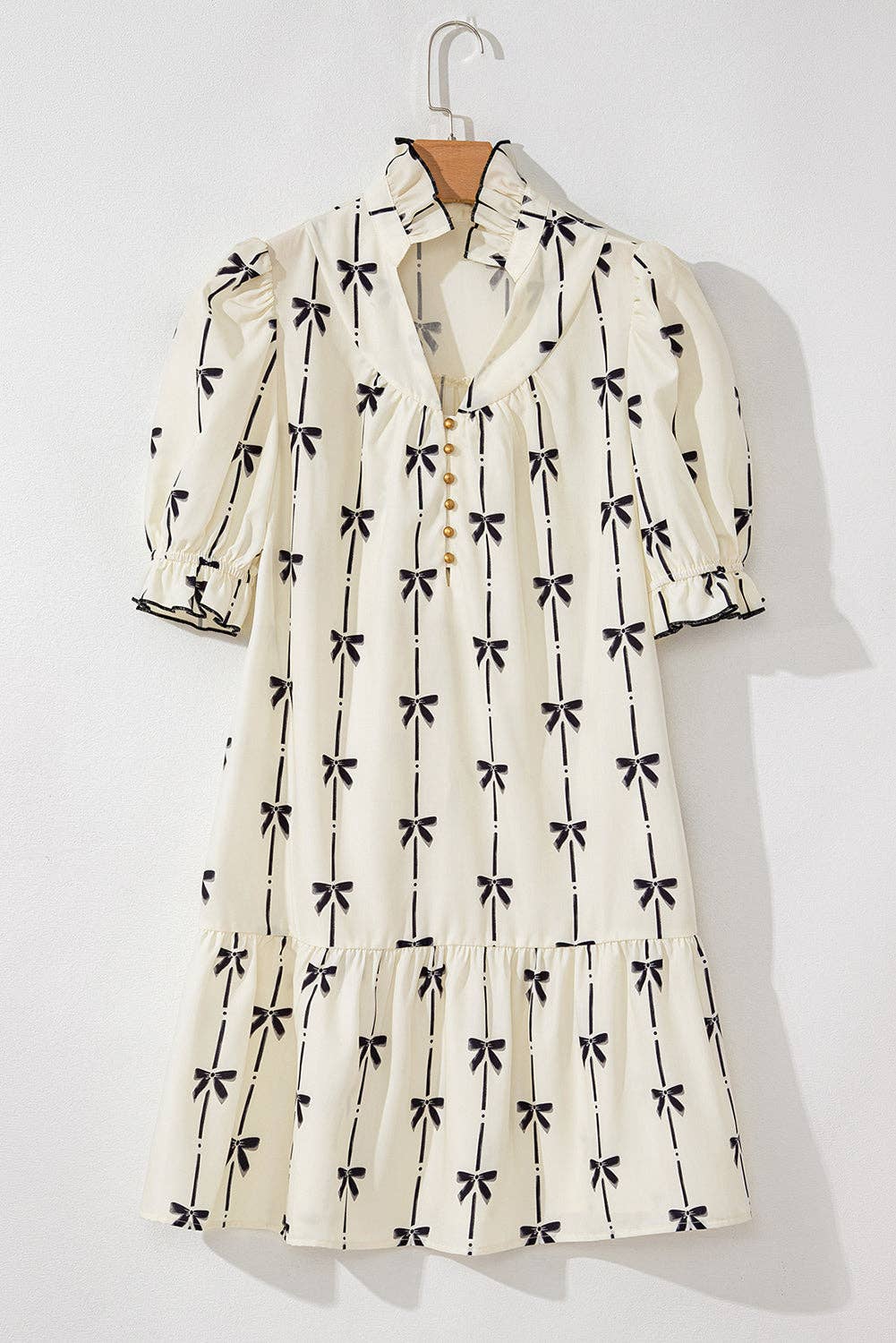 Beige Bowknot Bubble Sleeve Mini Dress:XL