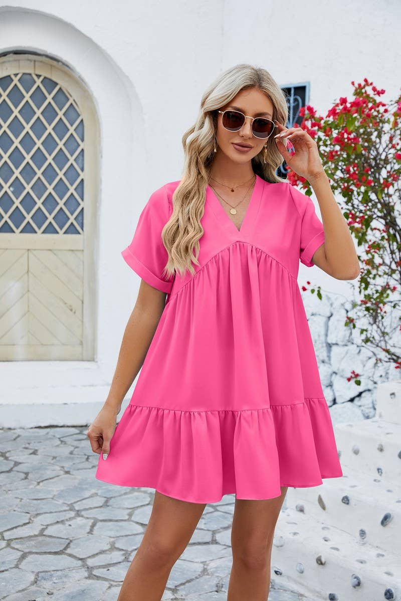 V Neck Tiered Short Sleeve Dress: (M)