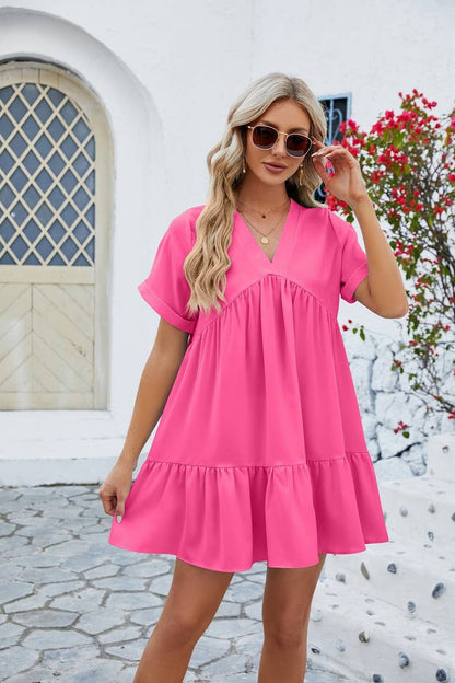V Neck Tiered Short Sleeve Dress: (L)