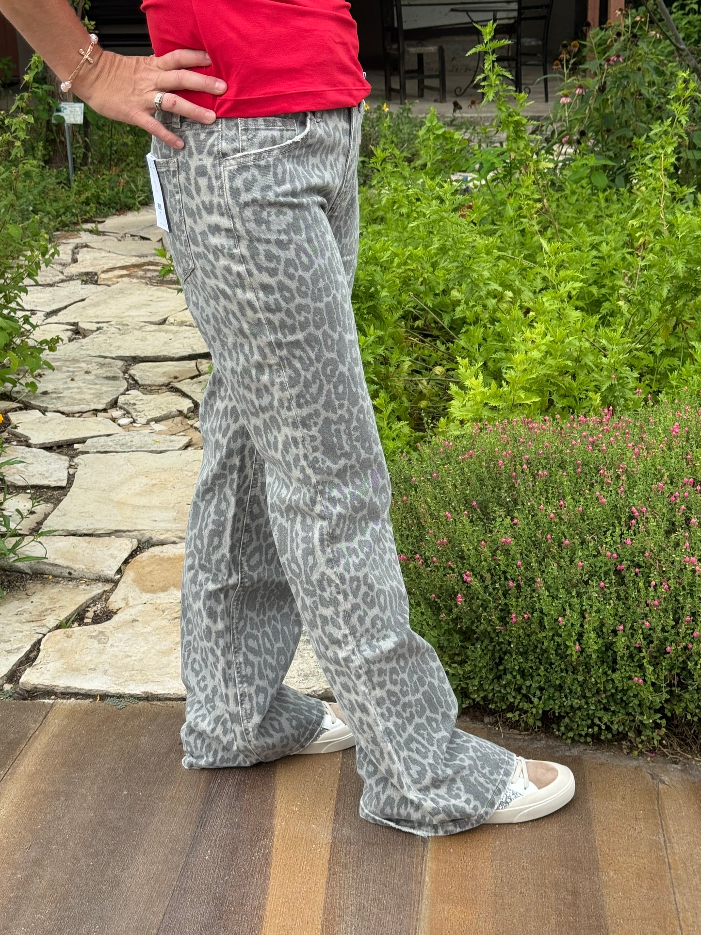 Grey Leopard - Mid Rise Full Length Vintage Flare Jeans
