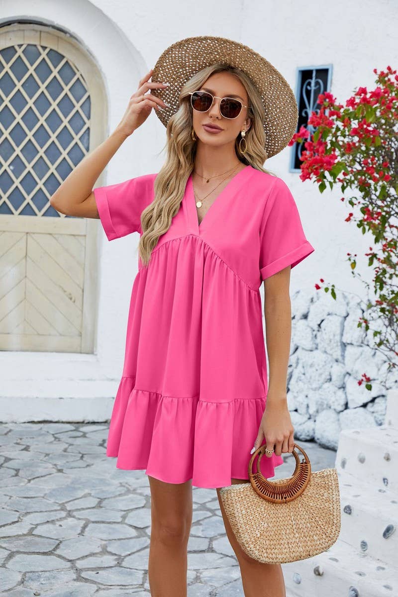 V Neck Tiered Short Sleeve Dress: (L)