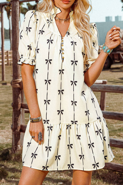 Fashion-W Cute Bowknot Bubble Sleeve V Neck Mini Dress: As shown / Missy / S