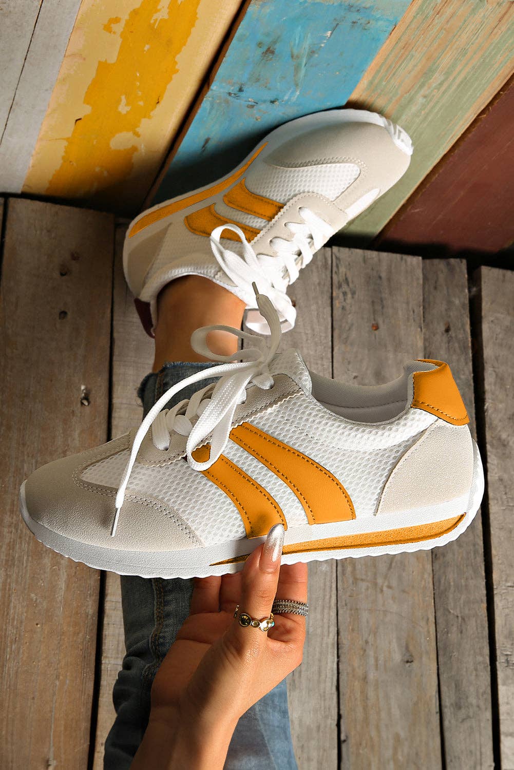 Block Patchwork Breathable Lace-up Sneakers: White / (US 10)42