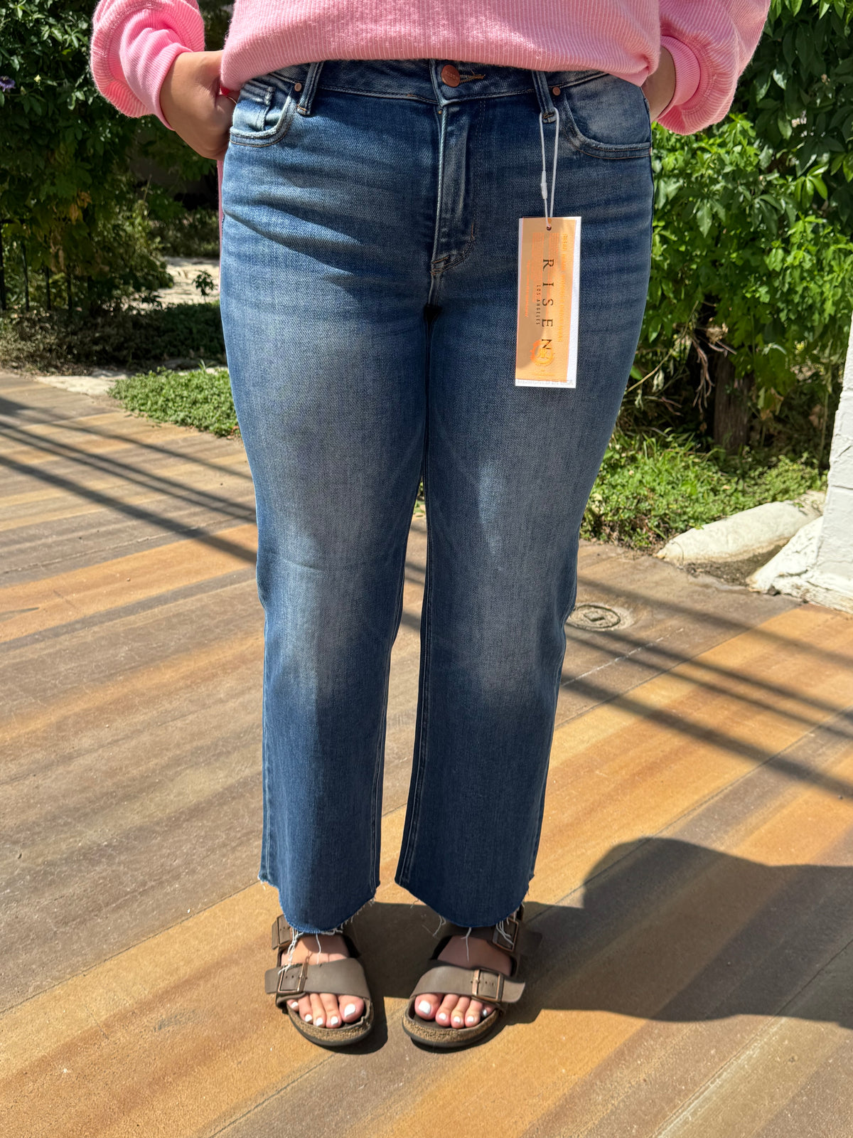 Dark Wash Mid Rise Crop Straight Cut