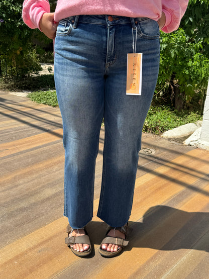 Dark Wash Mid Rise Crop Straight Cut