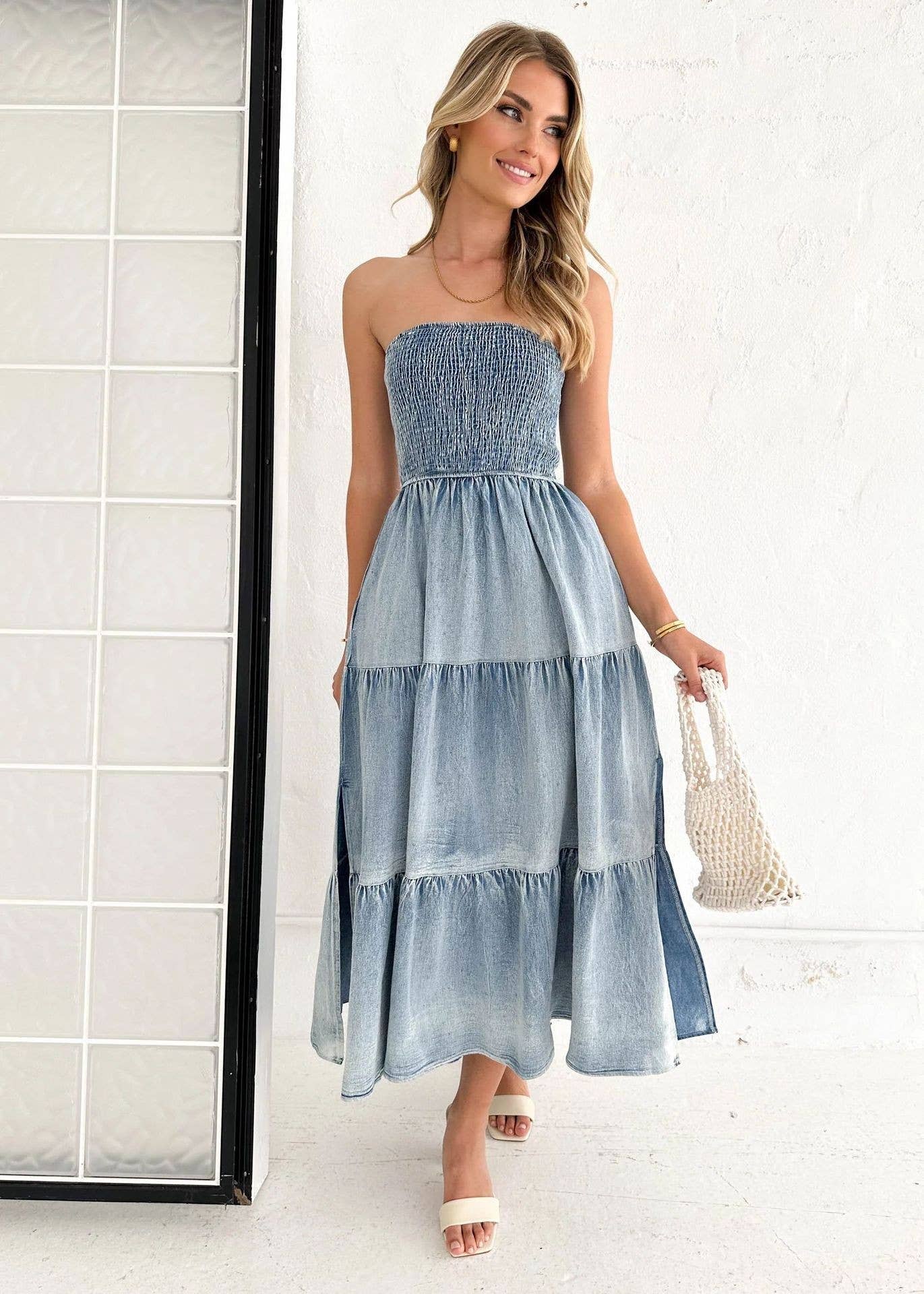 Off-Shoulder Jean Dress:L