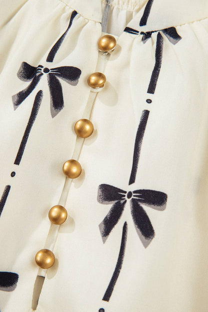 Beige Bowknot Bubble Sleeve Mini Dress:  S