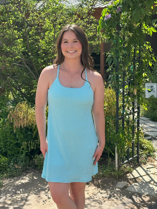 Blue Textured Checkered Knit Tennis Dress