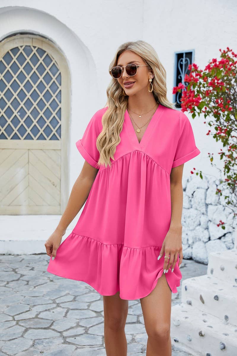 V Neck Tiered Short Sleeve Dress: (L)