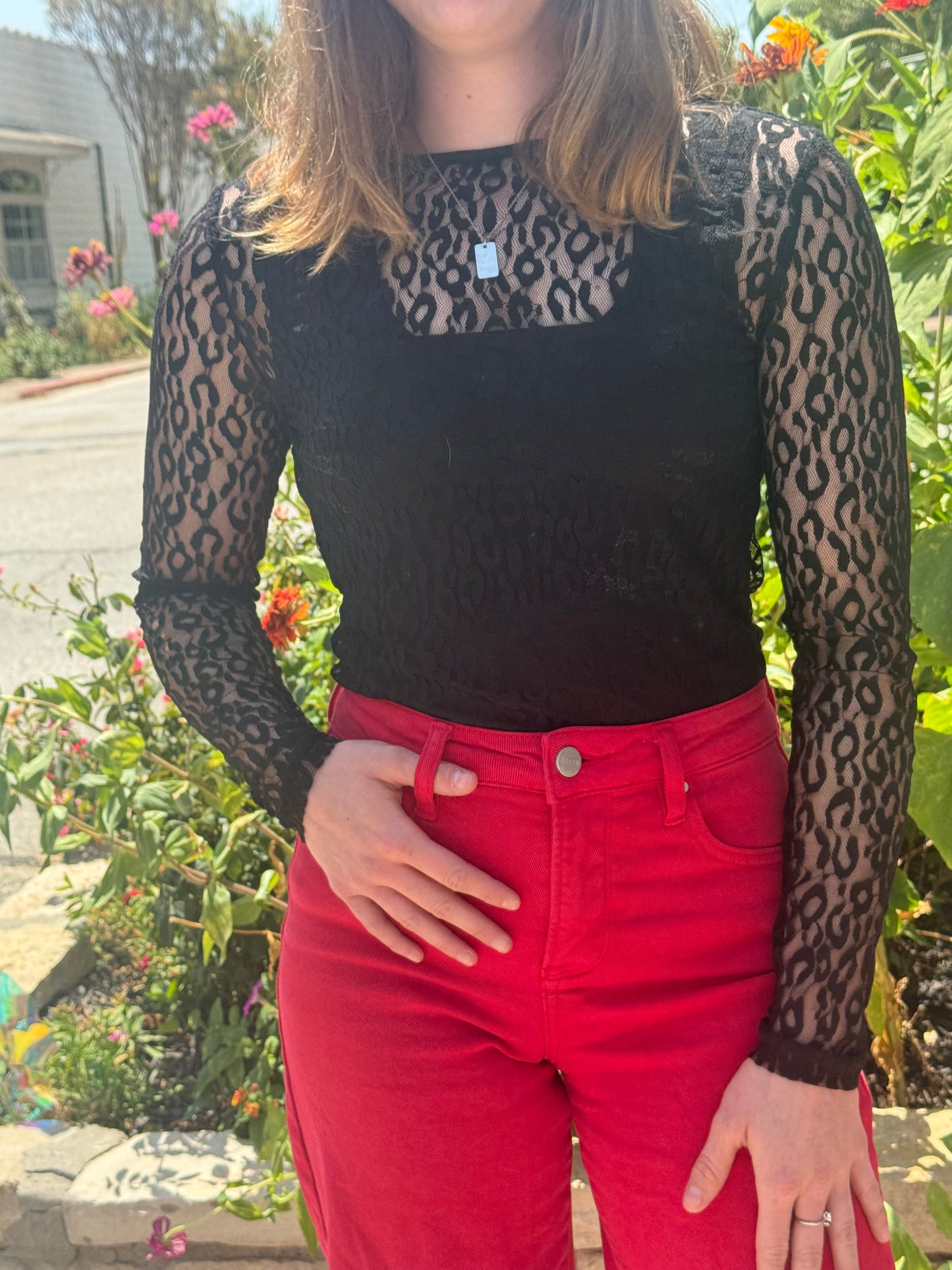 Black Mesh Leopard Top