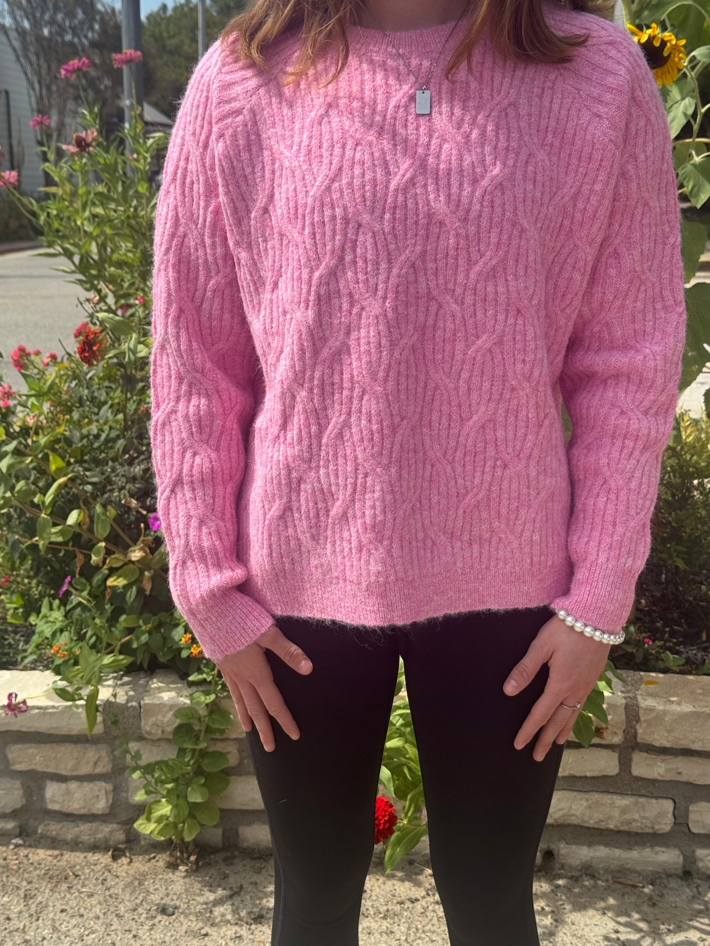 Cotton Pink Long Sleeve Cable Knit Sweater