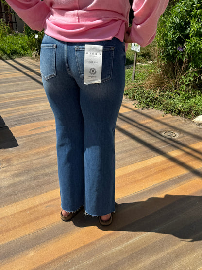 Dark Wash Mid Rise Crop Straight Cut