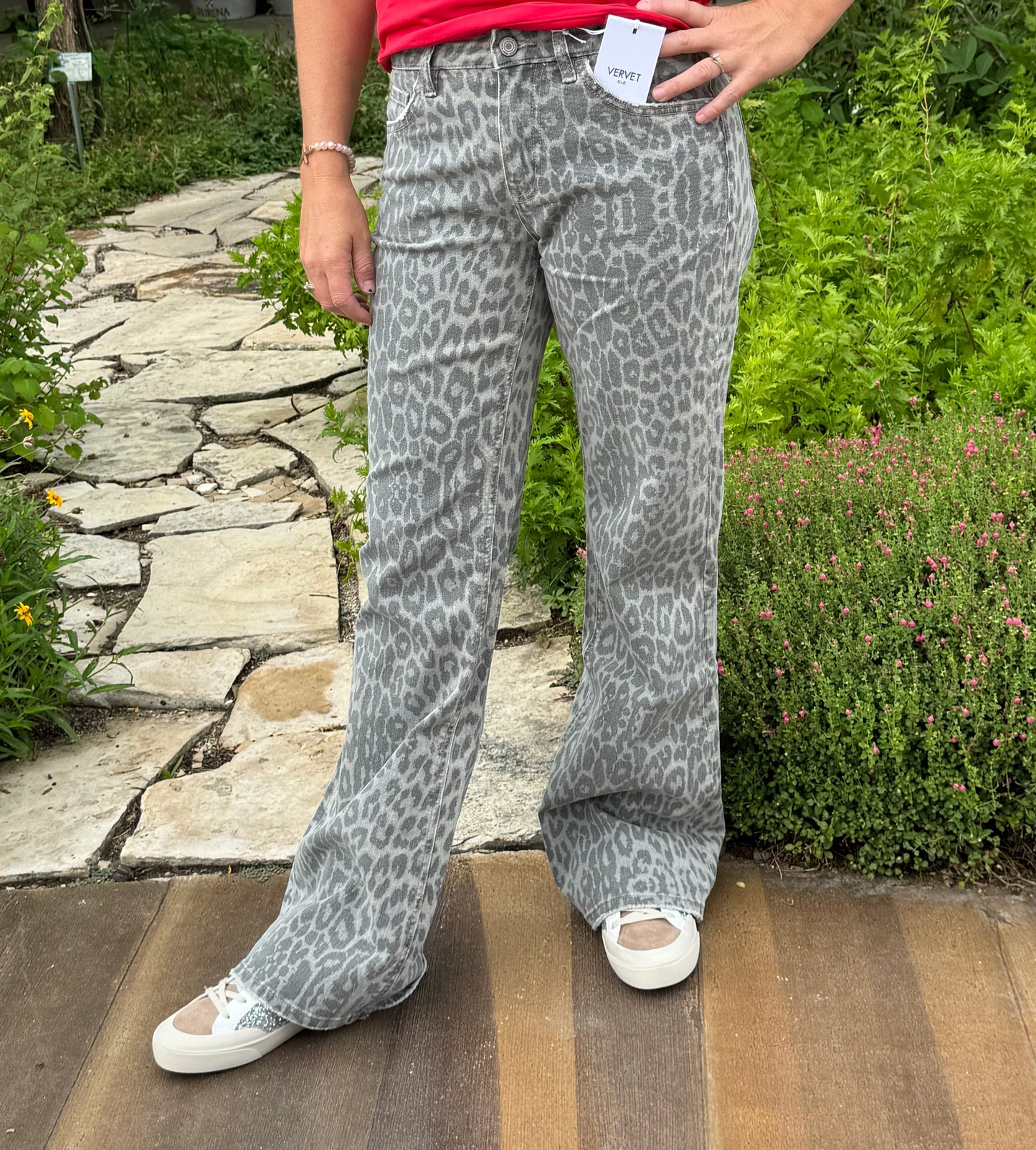 Grey Leopard - Mid Rise Full Length Vintage Flare Jeans